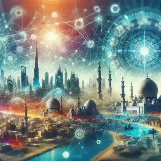 "صورة توضيحية للبنية التحتية للذكاء الاصطناعي في المنطقة العربية، تُظهر التقنيات الحديثة والبيانات التدفقية في المدن العربية الذكية."