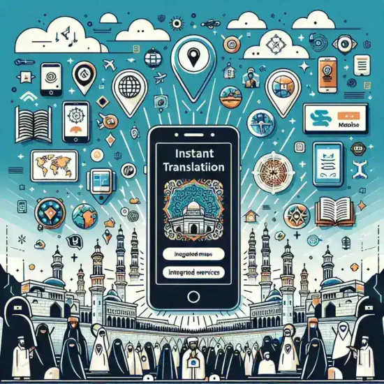 "صورة توضح تطبيقات الترجمة الفورية على الهواتف الذكية، المستخدمة لدعم رحلات الحج والعمرة، مع عرض لخرائط ومعلومات خدمات في الخلفية."